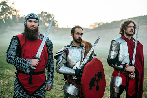 Brave and bold knights fight for dignity and to protect the kingdom. Medieval soldiers such as dukes, knights and  mercenaries going into battle against enemies.