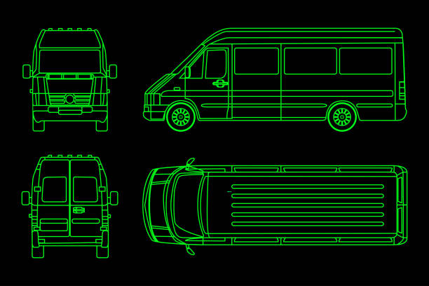 lineare lkw muster auf einem dunklen hintergrund. seitenansicht, zurück, front. vektor-illustration - van white truck mini van stock-grafiken, -clipart, -cartoons und -symbole