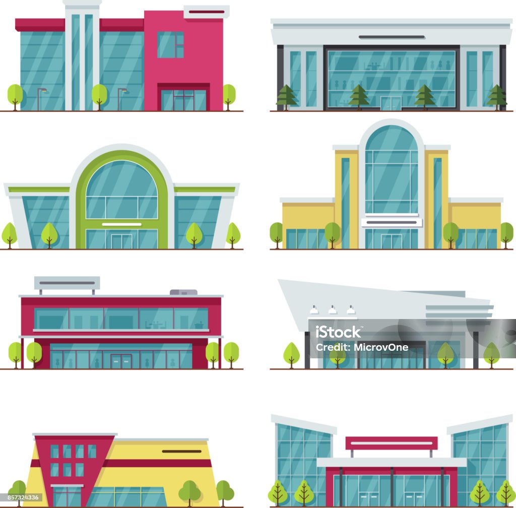 Centre commercial contemporain et bâtiments magasin vector icons - clipart vectoriel de Centre commercial libre de droits
