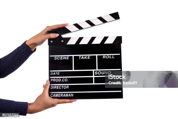 Clapperboard Sign Hold By Female Hands Stock Photo - Download Image Now - Movie, Film Slate, Felt Tip Pen