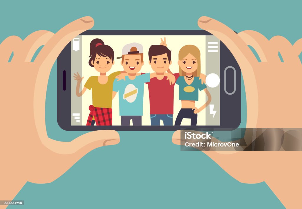 Adolescentes jóvenes amigos tomar fotografía con smartphone. Concepto de vector de amistad - arte vectorial de Teléfono móvil libre de derechos