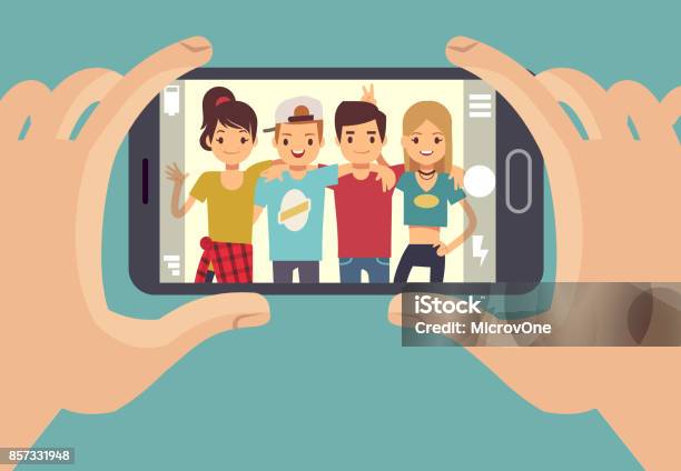 Ilustración de Adolescentes Jóvenes Amigos Tomar Fotografía Con Smartphone Concepto De Vector De Amistad y más Vectores Libres de Derechos de Teléfono móvil