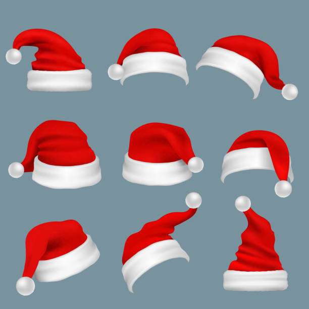 realistische weihnachten santa claus rote hüte isoliert vektor-set - nikolausmütze stock-grafiken, -clipart, -cartoons und -symbole