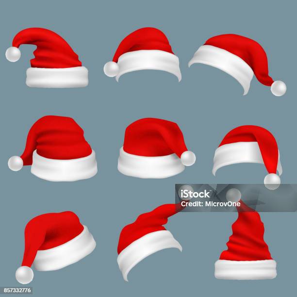 Realistic Christmas Santa Claus Red Hats Isolated Vector Set Stock Illustration - Download Image Now