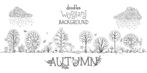 Vector doodles autumn woodland background. Outlined trees, cute wild animals and birds between trees. Curled clouds and rain. Falling leaves. Hare, fox, squirrel, deer, raccoon, owl, hedgehog. background of a owl black and white stock illustrations