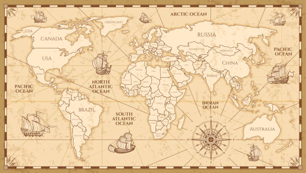 wektorowa antyczna mapa świata z granicami krajów - mapy vintage stock illustrations