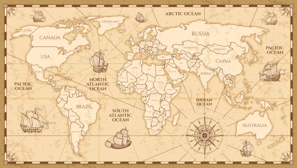 Vector antique world map with countries boundaries Vector antique world map with countries boundaries. Antique world vintage map, grunge america and europe illustration atlantic ocean stock illustrations