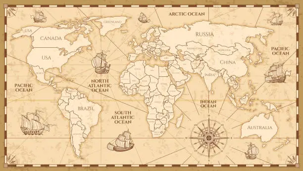Vector illustration of Vector antique world map with countries boundaries