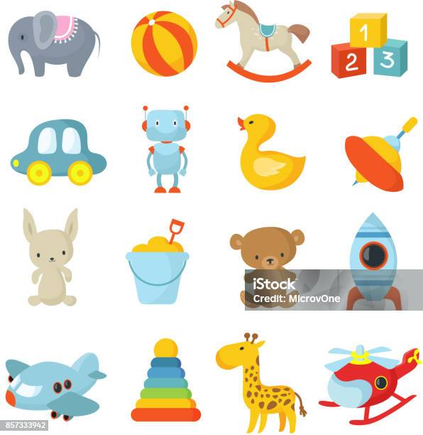 Cartoon Children Toys Vector Icons Collection - Arte vetorial de stock e mais imagens de Brinquedo - Brinquedo, Bebé, Criança
