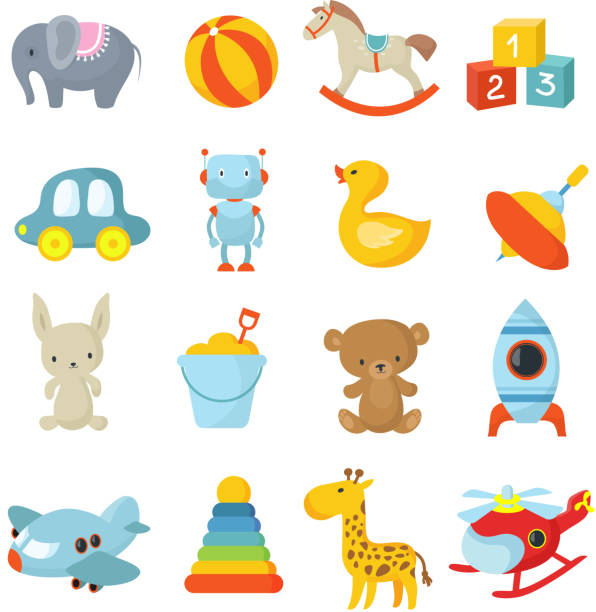 Cartoon children toys vector icons collection Cartoon children toys vector icons collection. Kids toys icon, teddy and duck, car and ball, airplane and helicopter illustration robot clipart stock illustrations