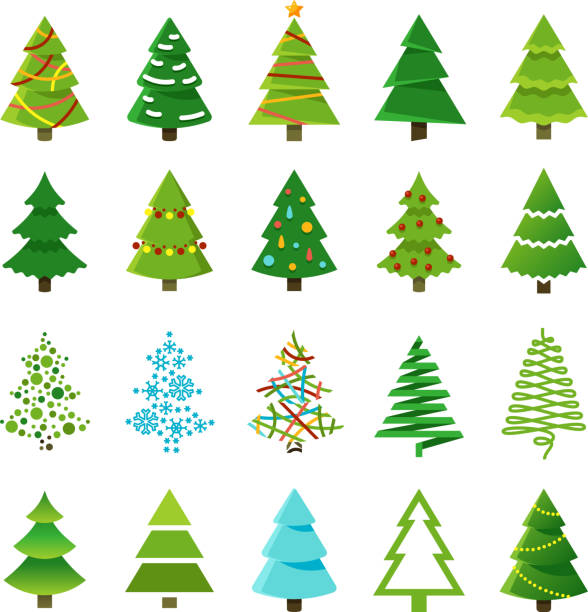 ilustrações, clipart, desenhos animados e ícones de desenhos animados abstrata árvores de natal com presentes e bolas set vector - christmas tree
