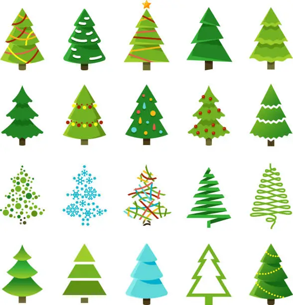 Vector illustration of Cartoon abstract christmas trees with gifts and balls vector set