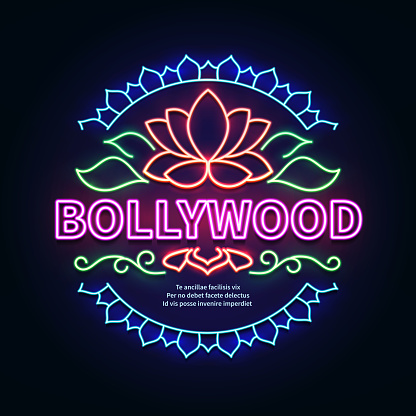 Vintage bollywood movie signboard. Glowing retro indian cinema neon vector sign. Illustration of bollywood cinema signboard