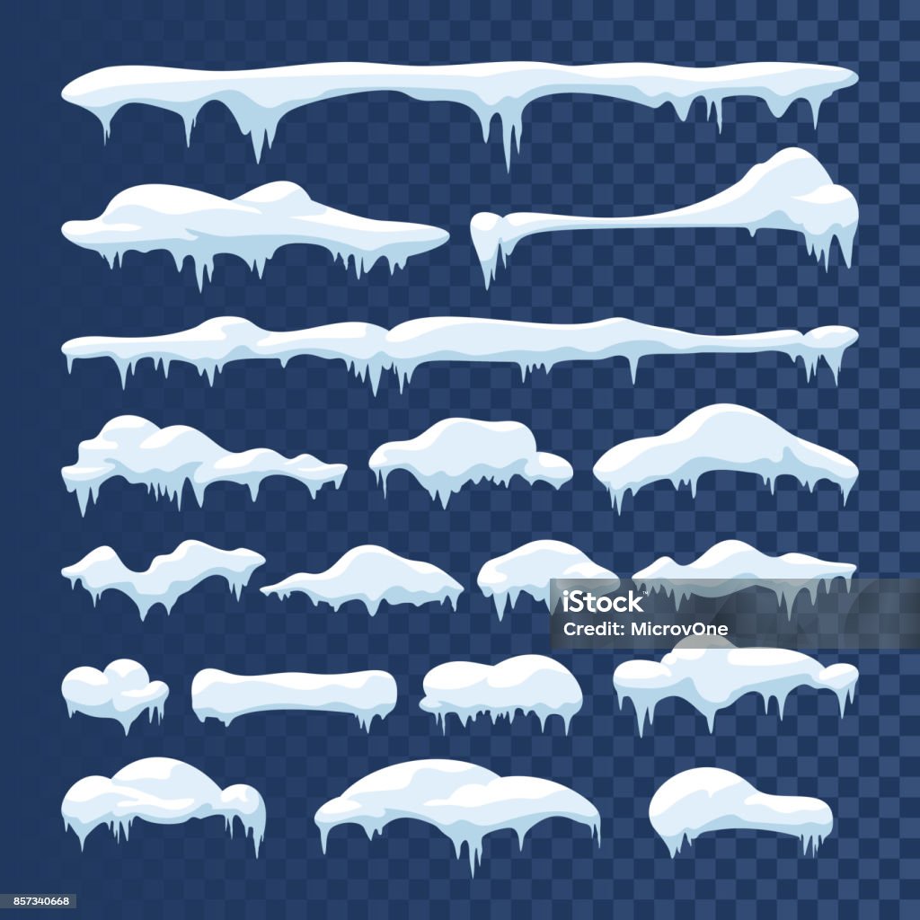 Marcos de vector de nieve y el hielo. Carámbanos, ventisqueros y casquillos del invierno dibujos animados nieve - arte vectorial de Nieve libre de derechos