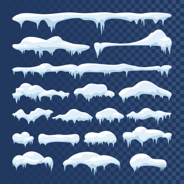 снежные и ледяные векторные рамки. зимние мультяшные снежные шапки, сугробы и сосульки - snowdrift stock illustrations