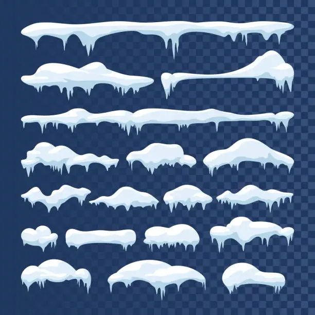 Vector illustration of Snow and ice vector frames. Winter cartoon snow caps, snowdrifts and icicles