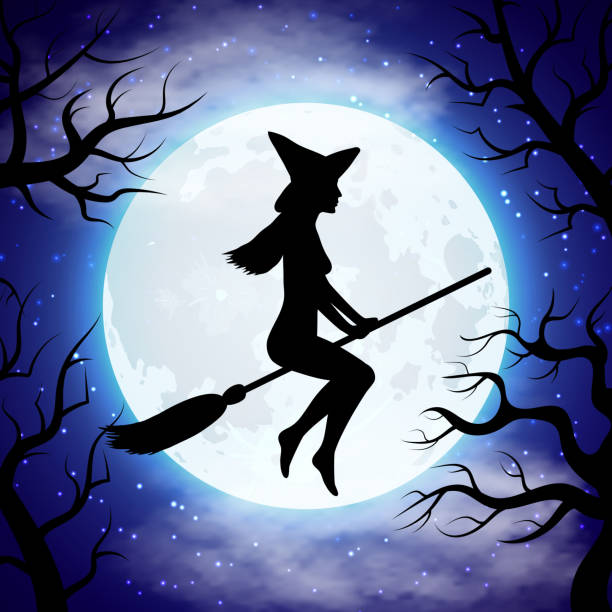 illustrations, cliparts, dessins animés et icônes de silhouette de sorcière volant sur le balai dans la nuit d’halloween - moon night star star shape