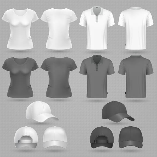 męski i żeński czarny biały t-shirt i bejsbol cap wektor 3d mockup odosobniony - baseball cap hat merchandise nature stock illustrations