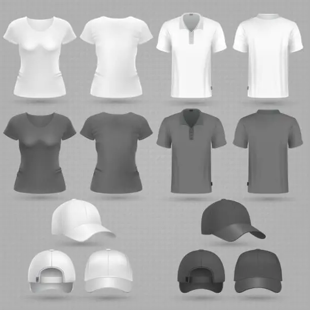 Vector illustration of Male and female black white t-shirt and baseball cap vector 3d mockup isolated