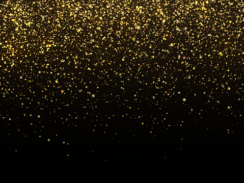 Golden rain isolated on black background. Vector gold grain texture celebratory wallpaper. Chaotic confetti crystals yellow bright illustration