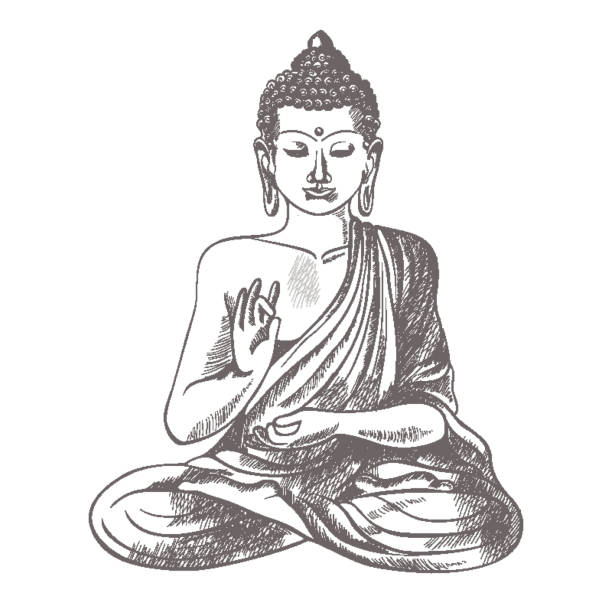 gautama buddha mit erhöhten rechten auf vektor-illustration - buddha stock-grafiken, -clipart, -cartoons und -symbole