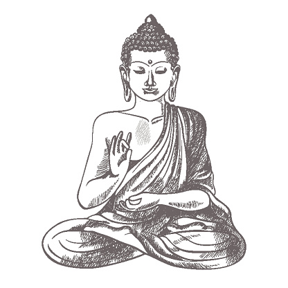 Gautama buddha with closed eyes and raised right hand, sitting and meditating, dressed in clothes on vector illustration isolated on white background