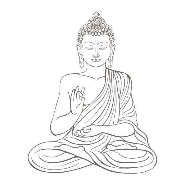 Gautama buddha with raised right hand on vector illustration Gautama buddha with closed eyes and raised right hand, sitting and meditating, dressed in clothes on vector illustration isolated on white background buddha face stock illustrations