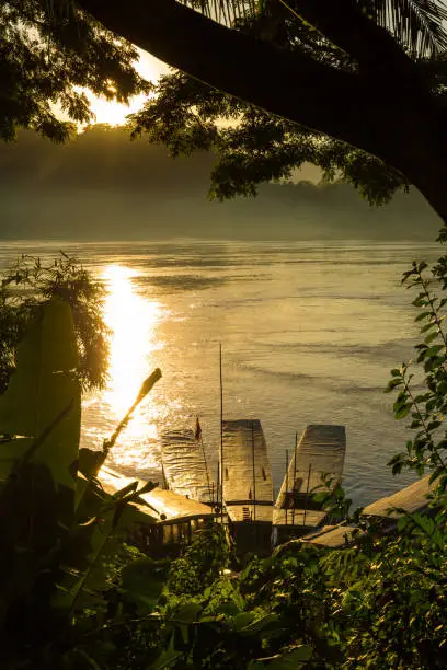 Photo of Tour boats at sunrise on the Mekong River in Luang Prabang, Laos