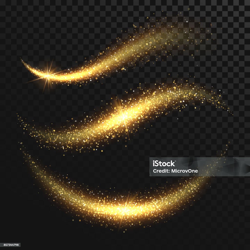 Sparkle stardust. Ondas de vetor mágico dourado brilhante com partículas de ouro isoladas no fundo preto - Vetor de Natal royalty-free