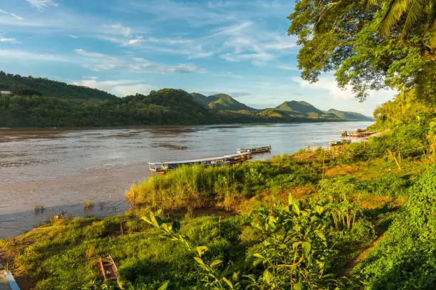 Tour boats on the Mekong River in Luang Prabang, Laos