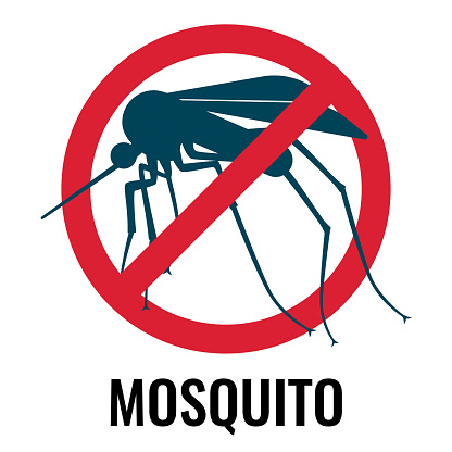 Anti-mosquito label depicting fly with wings and sting in red circle with diagonal line, vector illustration isolated on white background