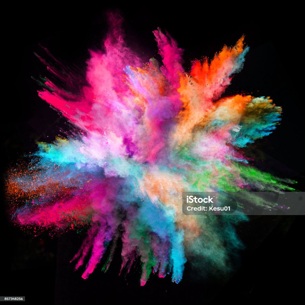 Explosão de pó colorido sobre fundo preto - Foto de stock de Explodir royalty-free