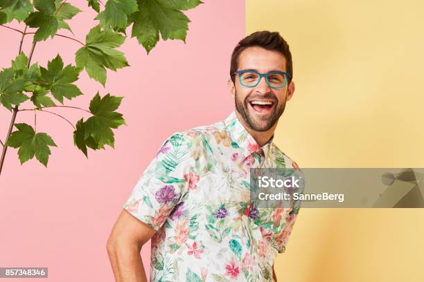 Laughing Guy In Specs Stock Photo - Download Image Now - Fashion, Floral Pattern, Shirt