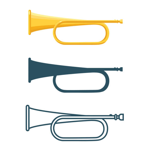 eingestellt von trompeten in verschiedenen farben auf vektor-illustration - wind instrument audio stock-grafiken, -clipart, -cartoons und -symbole