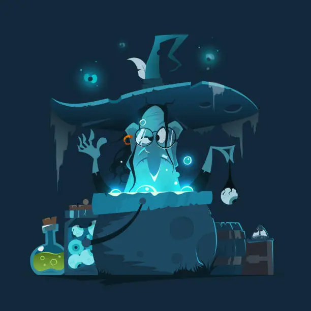 Vector illustration of Old ugly witch with big hat and magic pot cauldron