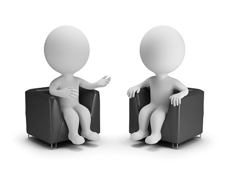 Two 3d people in armchairs chat. 3d image. White background.