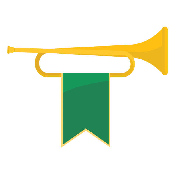 illustrations, cliparts, dessins animés et icônes de bugle doré avec ruban vert là-dessus vector illustration - trumpet jazz bugle brass instrument