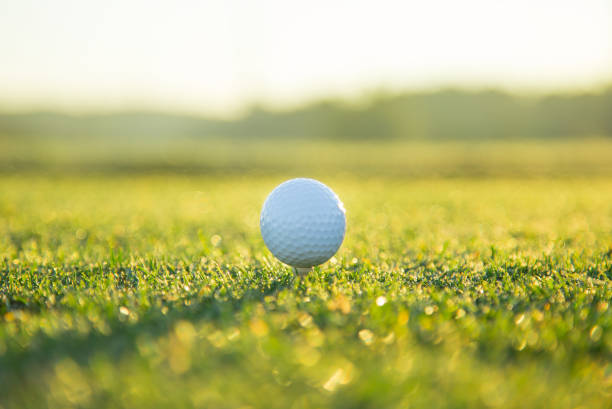 nahaufnahme des golfball auf tee - golf power golf course challenge stock-fotos und bilder
