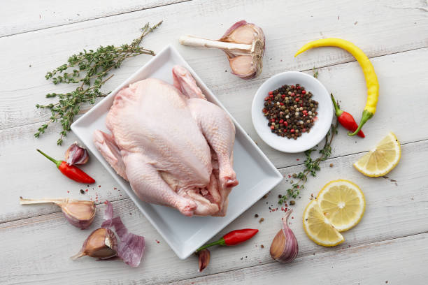 istock Raw chicken, herbs and spices on white wooden background 857354480