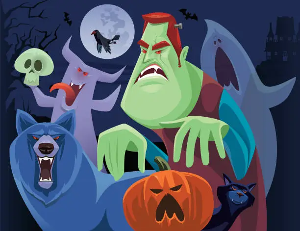 Vector illustration of angry frankenstein and friends