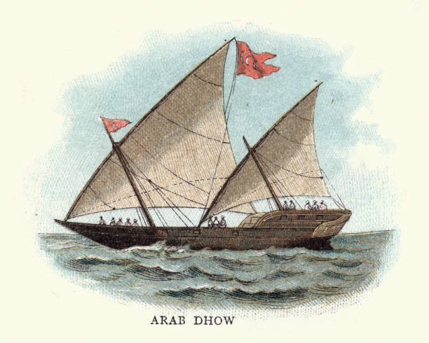 Traditional Arab Dhow Boat, 19th Century Vintage engraving of a Traditional Arab Dhow Boat, 19th Century dhow stock illustrations