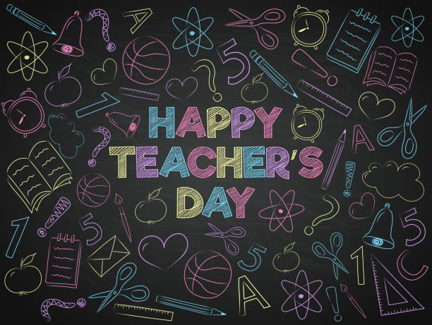 ilustrações, clipart, desenhos animados e ícones de feliz o dia do professor - banner com doodles engraçado no quadro-negro. vector. - dia dos professores