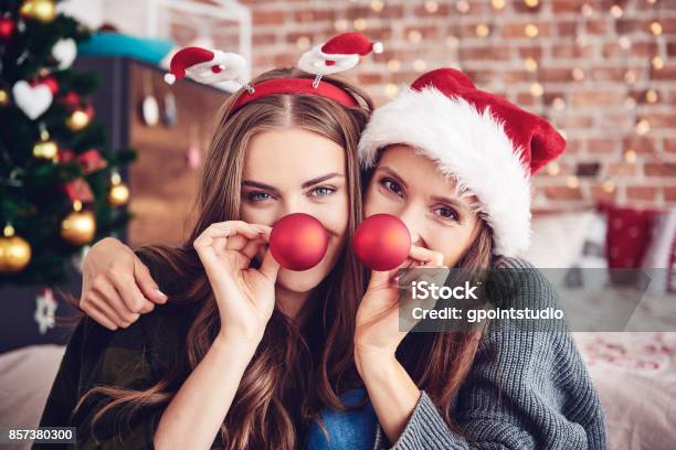 Having A Crazy Day With Friend Stock Photo - Download Image Now - Christmas, Women, Friendship