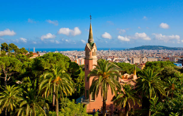 istock Panoramic view of Barcelona with palm trees 857384620