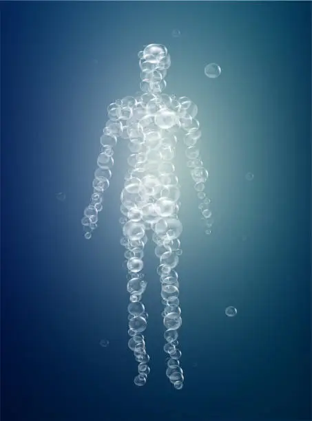 Vector illustration of weightless feeling, man soul concept, light feeling inside, man silhouette build with bubbles,