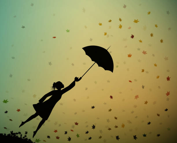 young girl flying away with an umbrella, autumn wind, young girl flying away with an umbrella, autumn wind, vector. dreamy girls stock illustrations
