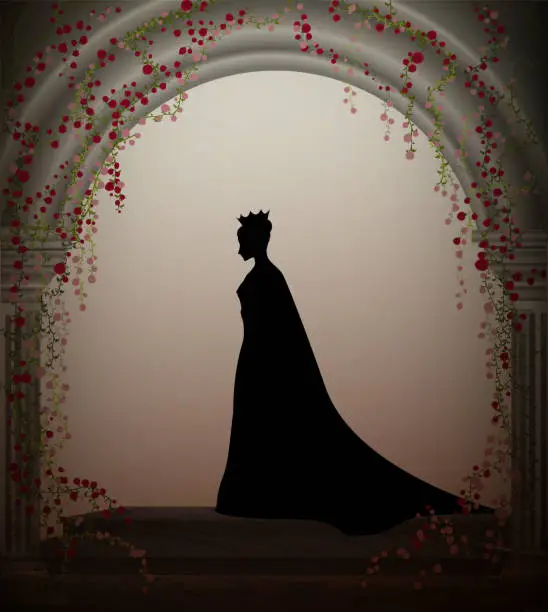 Vector illustration of queen in the castle window entwined with red roses liana, lonely princess in castle, vector,