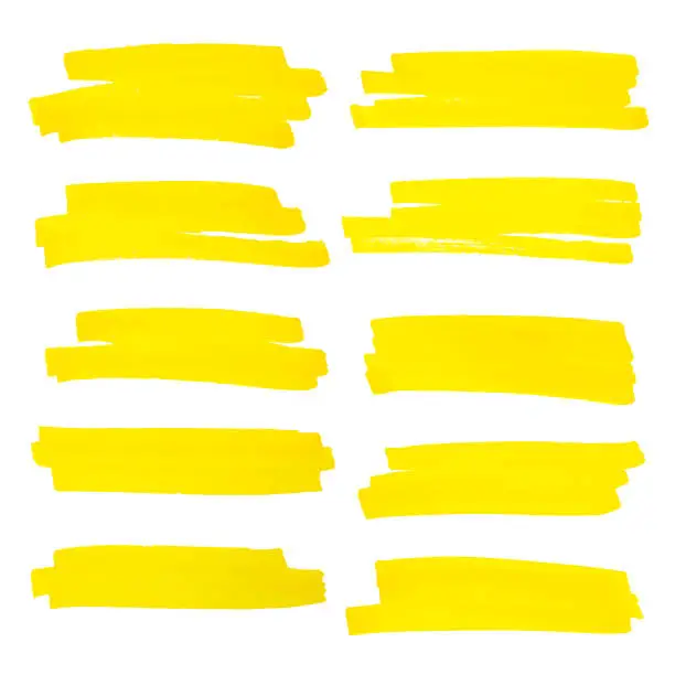 Vector illustration of Vector highlighter brush lines. Marker pen highlight underline strokes. Yellow watercolor hand drawn highlight set.