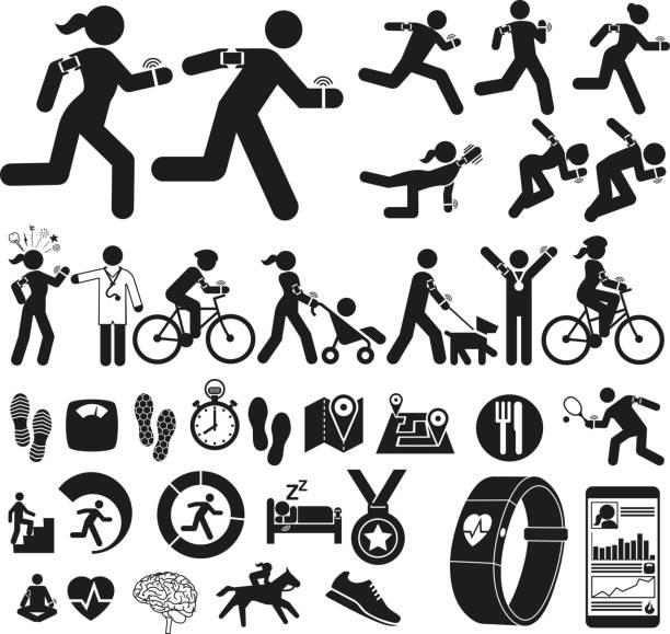 illustrazioni stock, clip art, cartoni animati e icone di tendenza di fitness con tecnologia - carrozzina