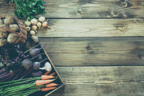 istock Harvest fresh vegetables from carrot, beetroot, onion, garlic on old wooden board. Top view, rustic style. Autumn still life. Gardening. Copy space. 857407944